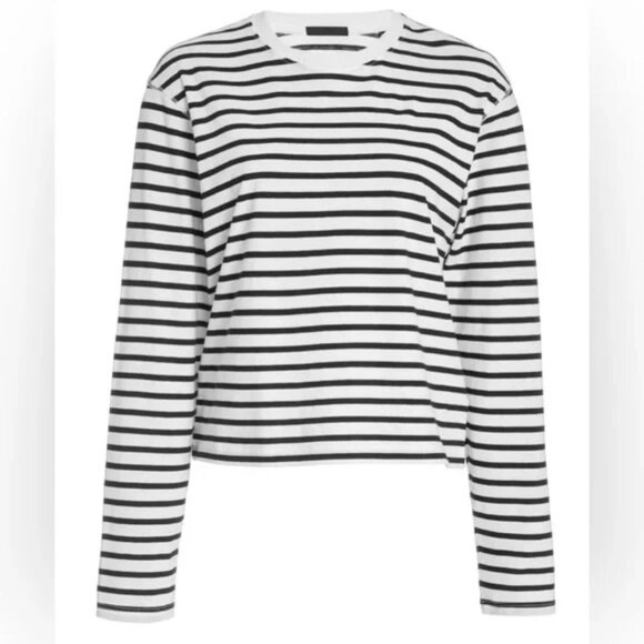 ATM White Black Striped Long Sleeve Cropped Crewneck Tee Womens Large - Picture 1 of 5